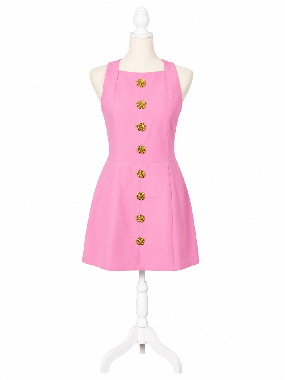 Backless Pink halter Dress with Decorative Gold Buttons-Sunfere